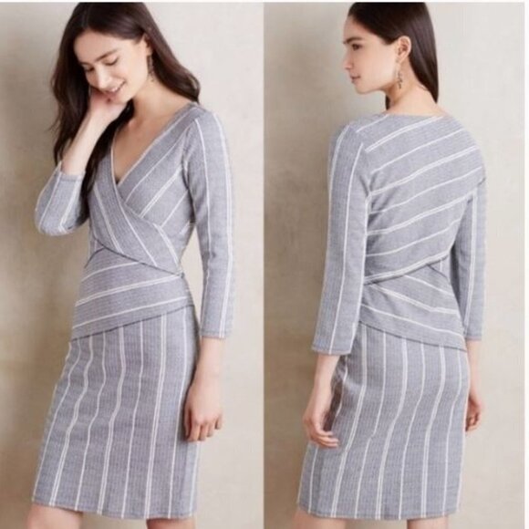Maeve Blue and White Faux Body Wrap Striped Column Dress Anthropologie Sz Small - Picture 1 of 10